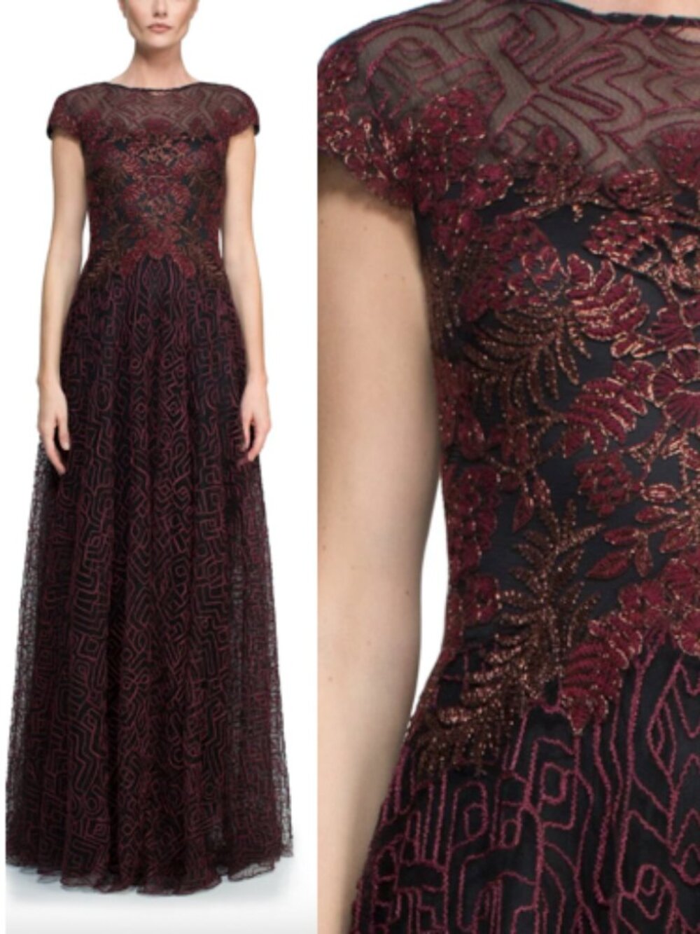 NWT Tadashi Shoji Embroidered Lace Giselle Gown Dress AUK16659L Raisin Black